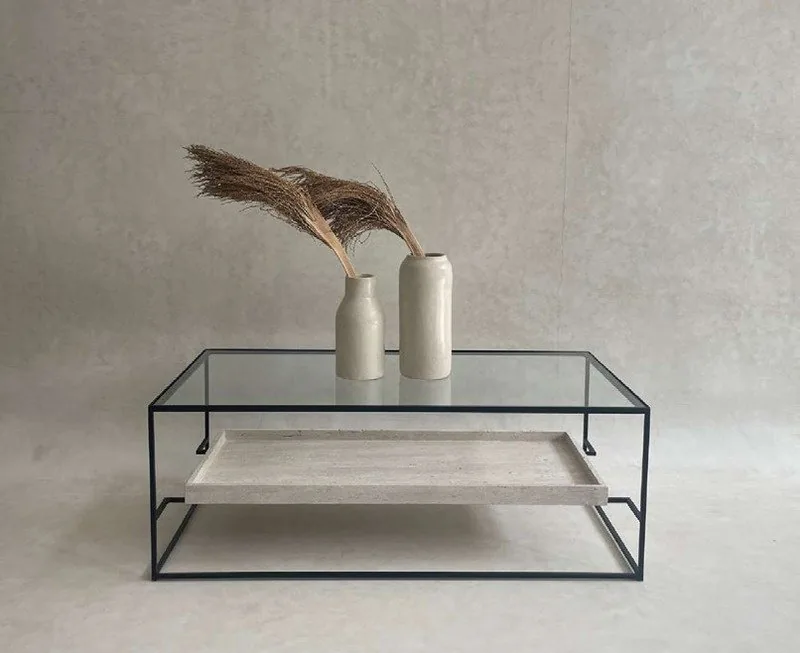 TABLE TANGERINE — tables, plateau verre / travertin, mobilier fait main à Marrakech