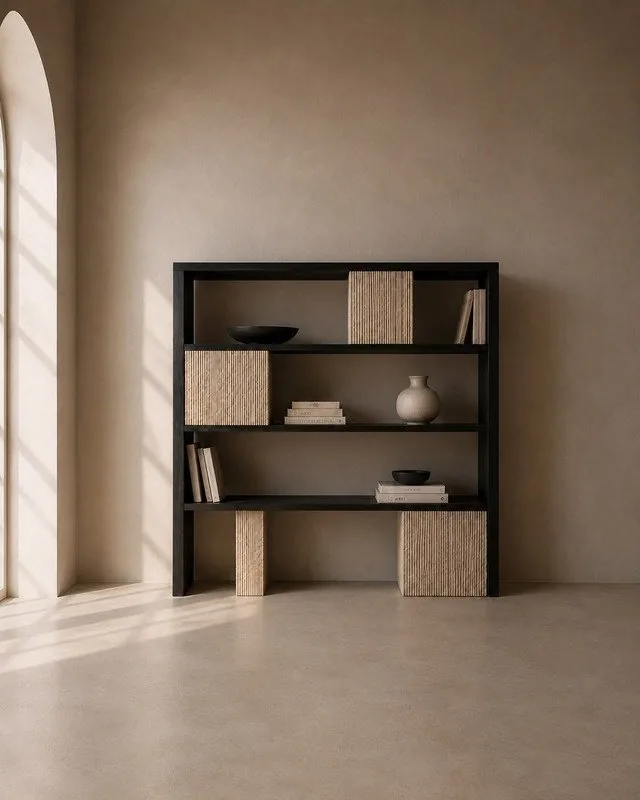 BIBLIOTHÈQUE NERO — rangements, structure en bois brûlé avec des blocs de travertin, mobilier fait main à Marrakech